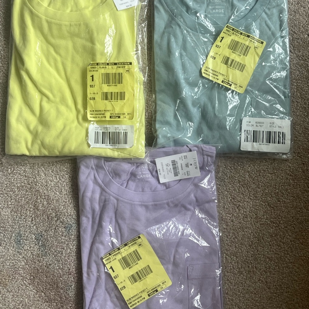 NWT J Crew Men's Large Slim Washed Pocket T-Shirt- BUNDLE 3pk! Yellow/blue/prple